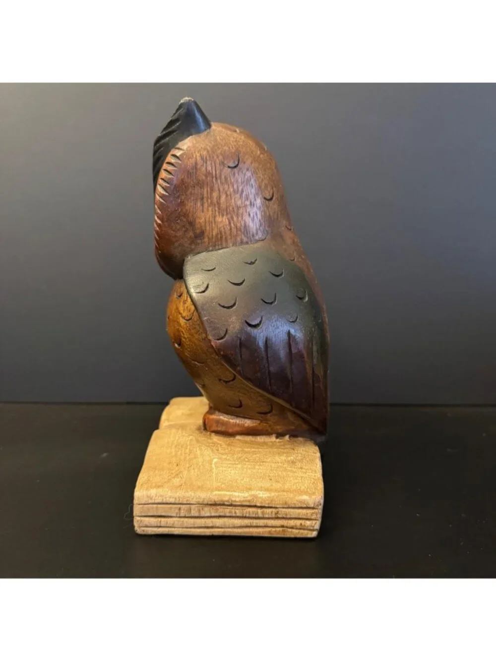 Handcrafted Carved Wooden Owl Figurine On Book Base 8 inches - Picture 3 of 11